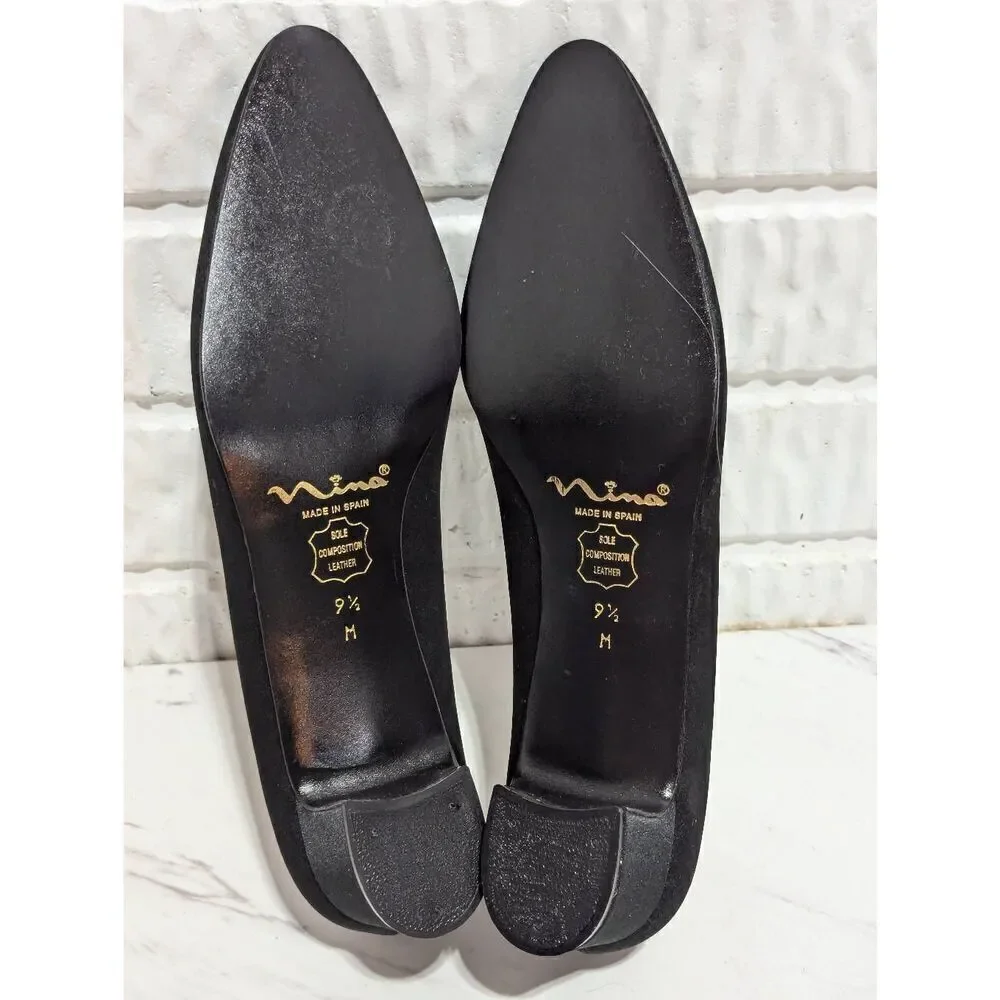 Nina Women's 9.5M Black Luster Satin Velvet Rosie Pump Heels Size 9.5M New In Bo